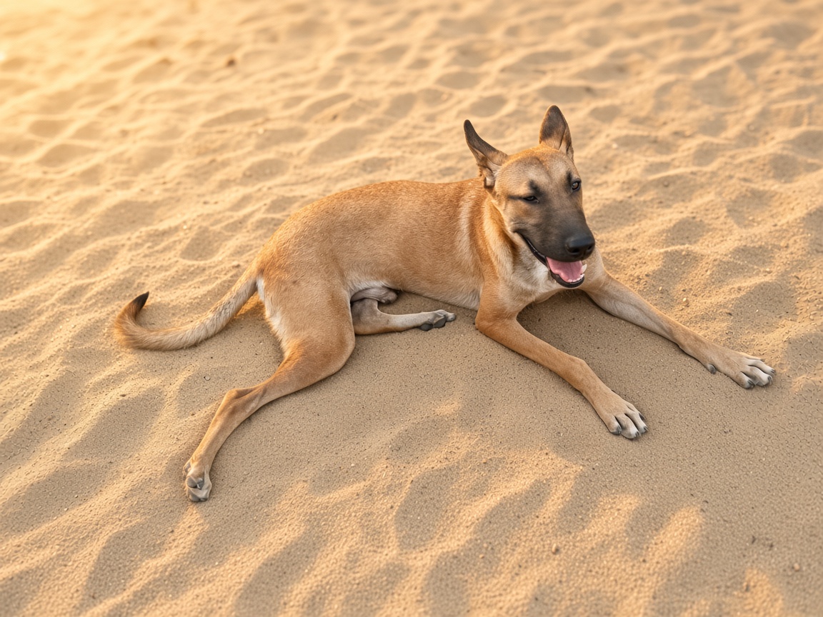 Rado, a 9-month-old tan mixed-breed dog lying on the sand, ready for adoption in the USA
